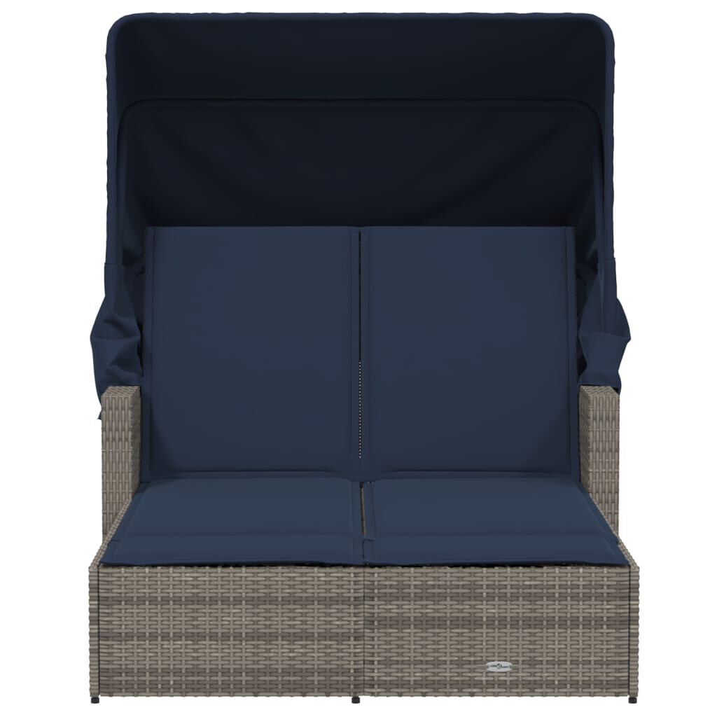 vidaXL Double Sun Lounger with Canopy and Cushions Grey Poly Rattan