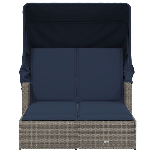 vidaXL Double Sun Lounger with Canopy and Cushions Grey Poly Rattan