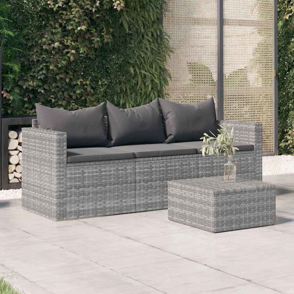 vidaXL 3-Seater Garden Sofa with Cushions Grey Poly Rattan