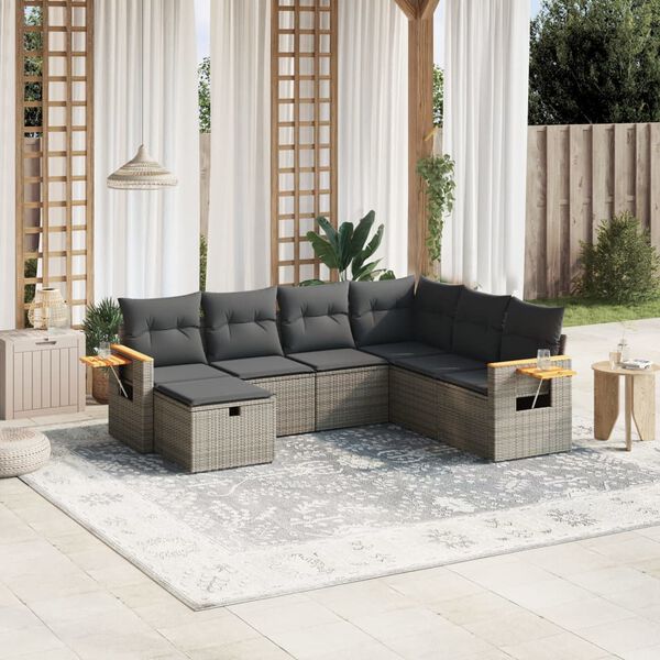 vidaXL 7 Piece Garden Sofa Set with Cushions Grey Poly Rattan