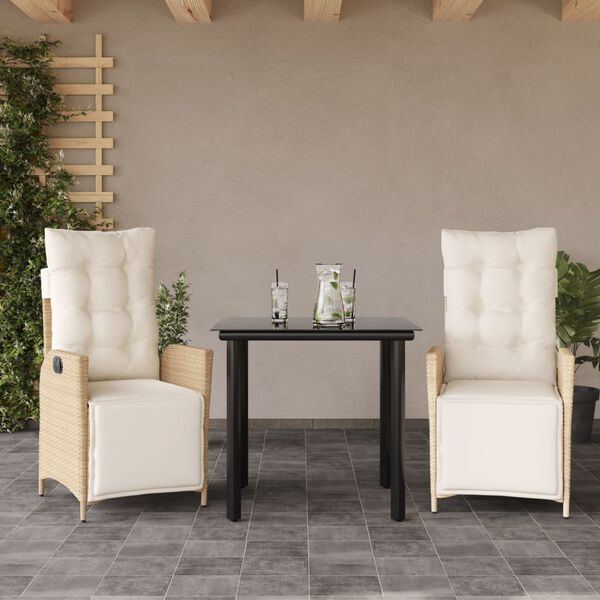 vidaXL 3 Piece Garden Dining Set with Cushions Beige Poly Rattan