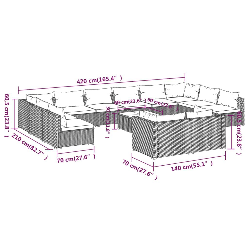 vidaXL 13 Piece Garden Lounge Set with Cushions Brown Poly Rattan
