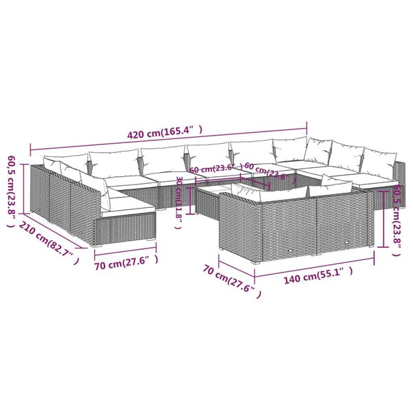 vidaXL 13 Piece Garden Lounge Set with Cushions Brown Poly Rattan