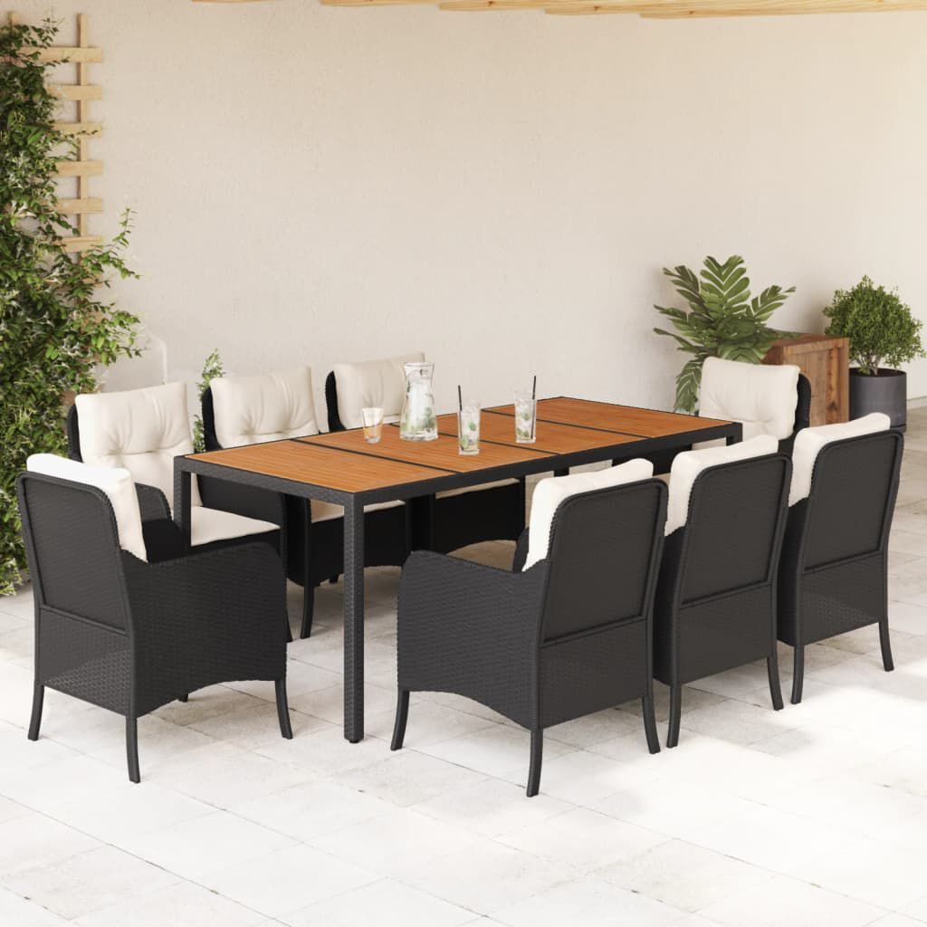vidaXL 9 Piece Garden Dining Set with Cushions Black Poly Rattan