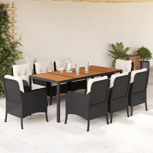 vidaXL 9 Piece Garden Dining Set with Cushions Black Poly Rattan
