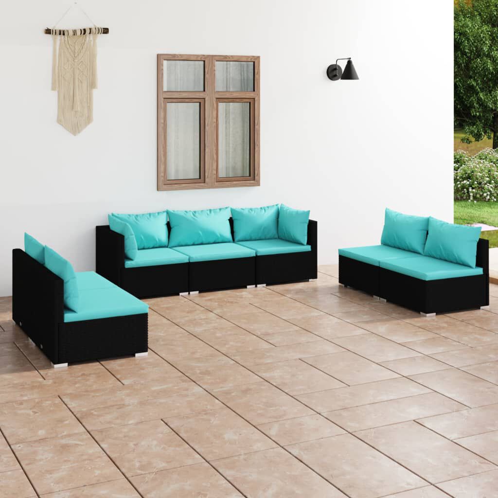 vidaXL 7 Piece Garden Lounge Set with Cushions Poly Rattan Black