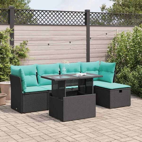 vidaXL 6 Piece Garden Sofa Set with Cushions Black Poly Rattan Acacia