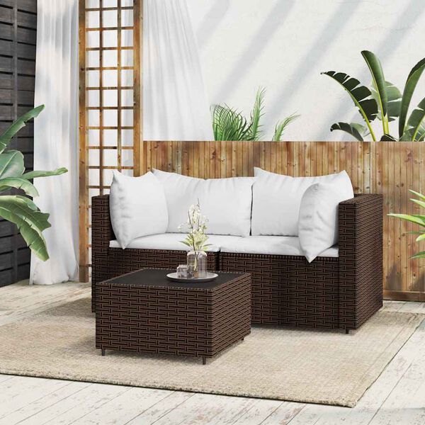 vidaXL 3 Piece Garden Lounge Set with Cushions Brown Poly Rattan