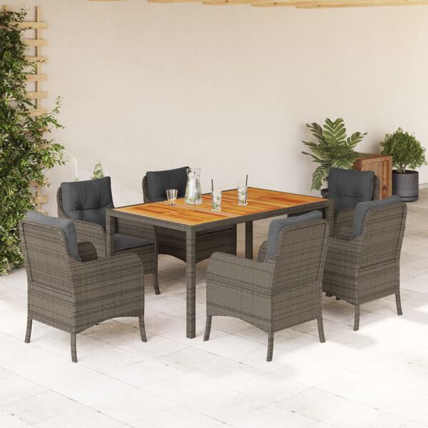 vidaXL 7 Piece Garden Dining Set with Cushions Grey Poly Rattan