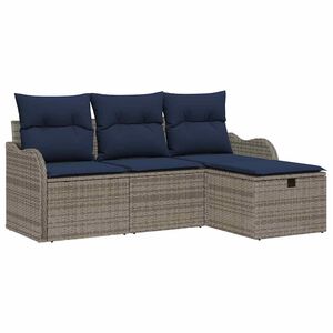 vidaXL Garden Sofa Set with Cushion 4 pcs Grey and Navy Poly Rattan