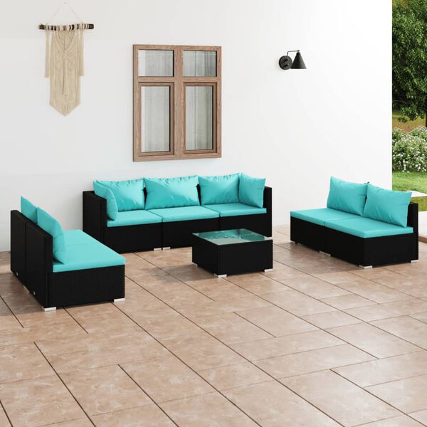 vidaXL 8 Piece Garden Lounge Set with Cushions Poly Rattan Black