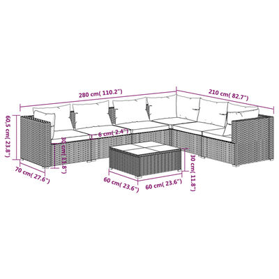 vidaXL 7 Piece Garden Lounge Set with Cushions Poly Rattan Grey