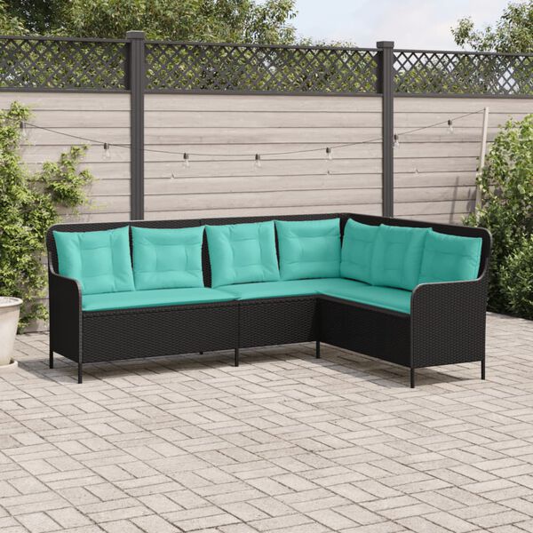 vidaXL Garden Sofa with Cushions L-Shaped Black Poly Rattan