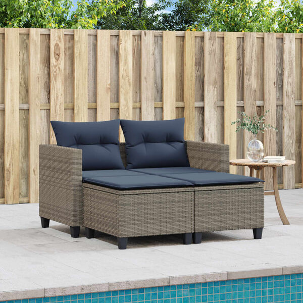 vidaXL Garden Sofa 2-Seater with Stools Grey Poly Rattan