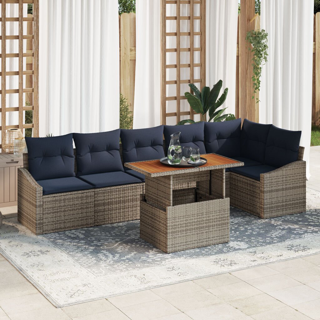vidaXL 7 Piece Garden Sofa Set with Cushions Grey Poly Rattan Acacia