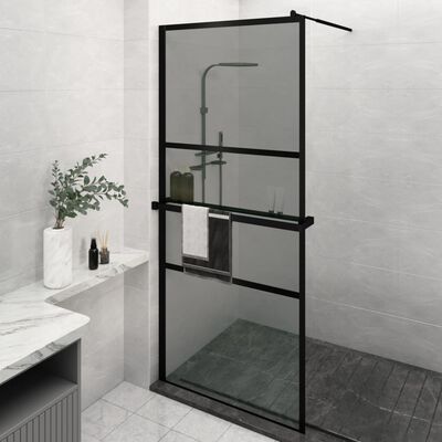 vidaXL Walk-in Shower Wall with Shelf Black 100x195 cm ESG Glass&Aluminium