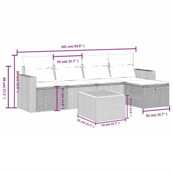 vidaXL 6 Piece Garden Sofa Set with Cushions Grey Poly Rattan