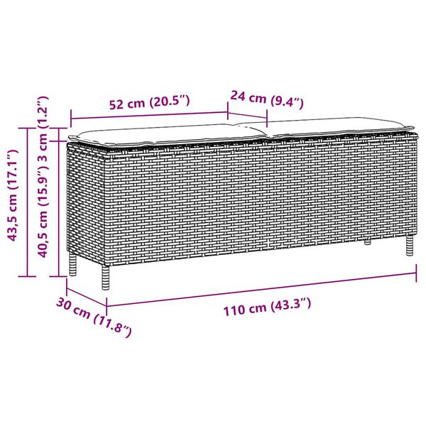 vidaXL Garden Bench with Cushion Grey 110x30x40.5 cm Poly Rattan