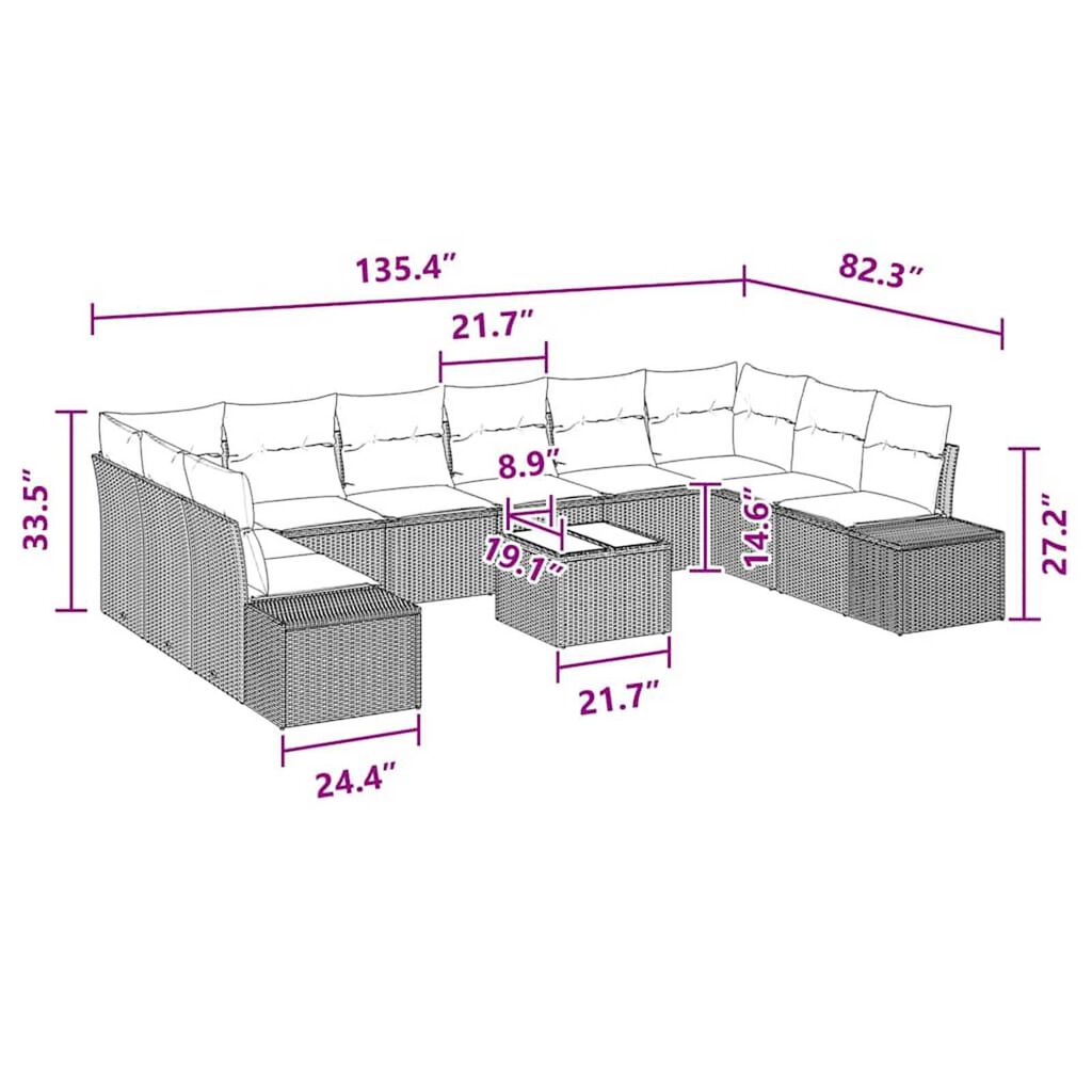 vidaXL Garden Sofa Set with Cushion 11 pcs Grey Poly rattan