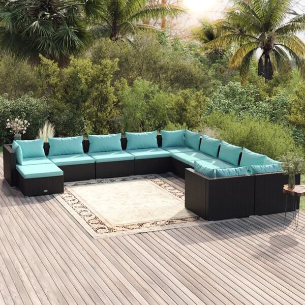 vidaXL 11 Piece Garden Lounge Set with Cushions Poly Rattan Black