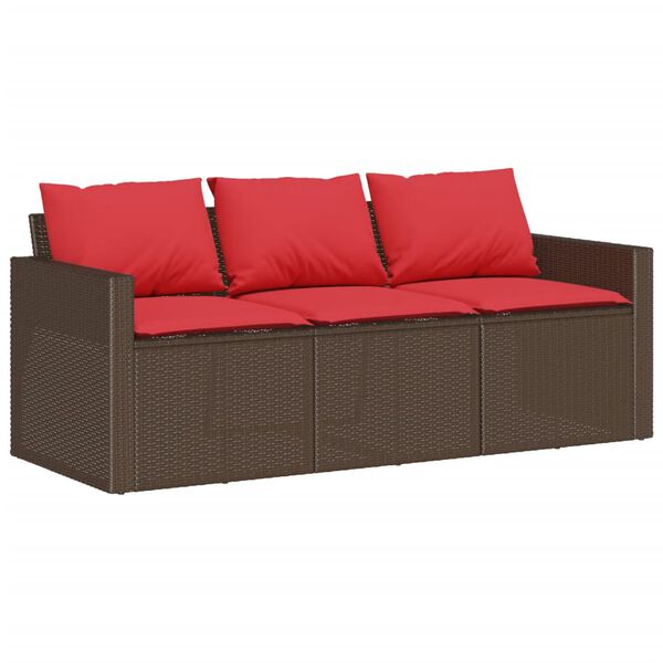 vidaXL Garden Sofa with Cushions 3-Seater Brown Poly Rattan