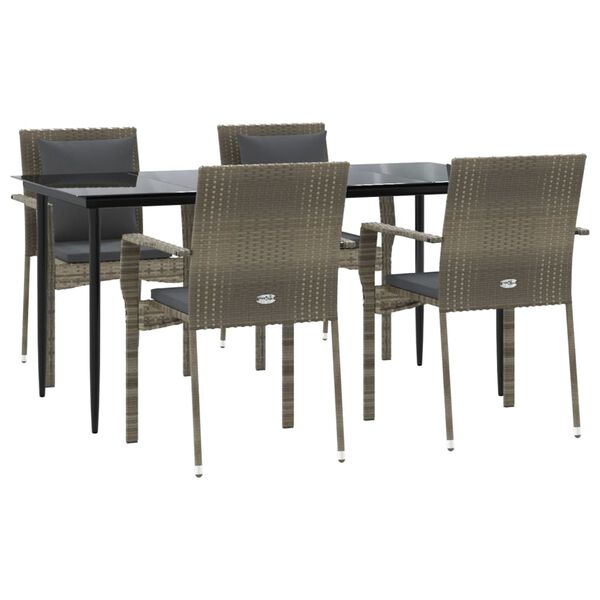 vidaXL 5 Piece Garden Dining Set with Cushions Black and Grey Poly Rattan