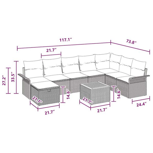 vidaXL Garden Sofa Set with Cushion 9 pcs Grey Poly rattan