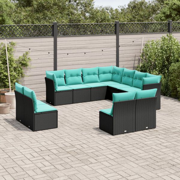 vidaXL 11 Piece Garden Sofa Set with Cushions Black Poly Rattan