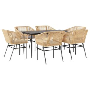 vidaXL 7 Piece Garden Dining Set with Cushions Brown Poly Rattan Glass