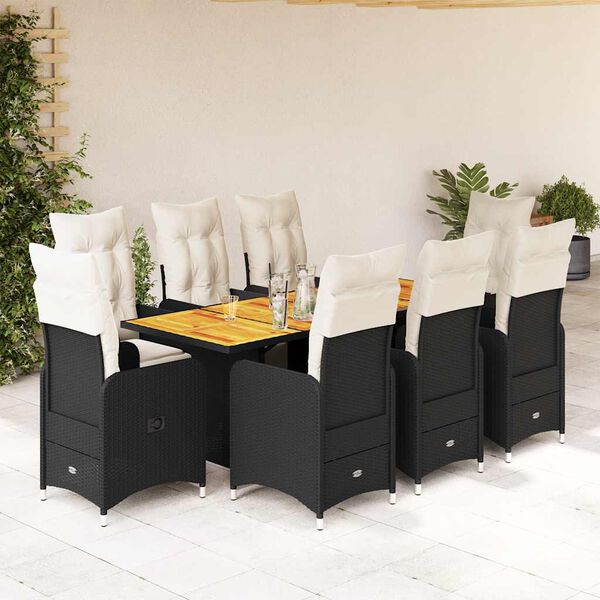 vidaXL 9 Piece Garden Bistro Set with Cushions Black Poly Rattan