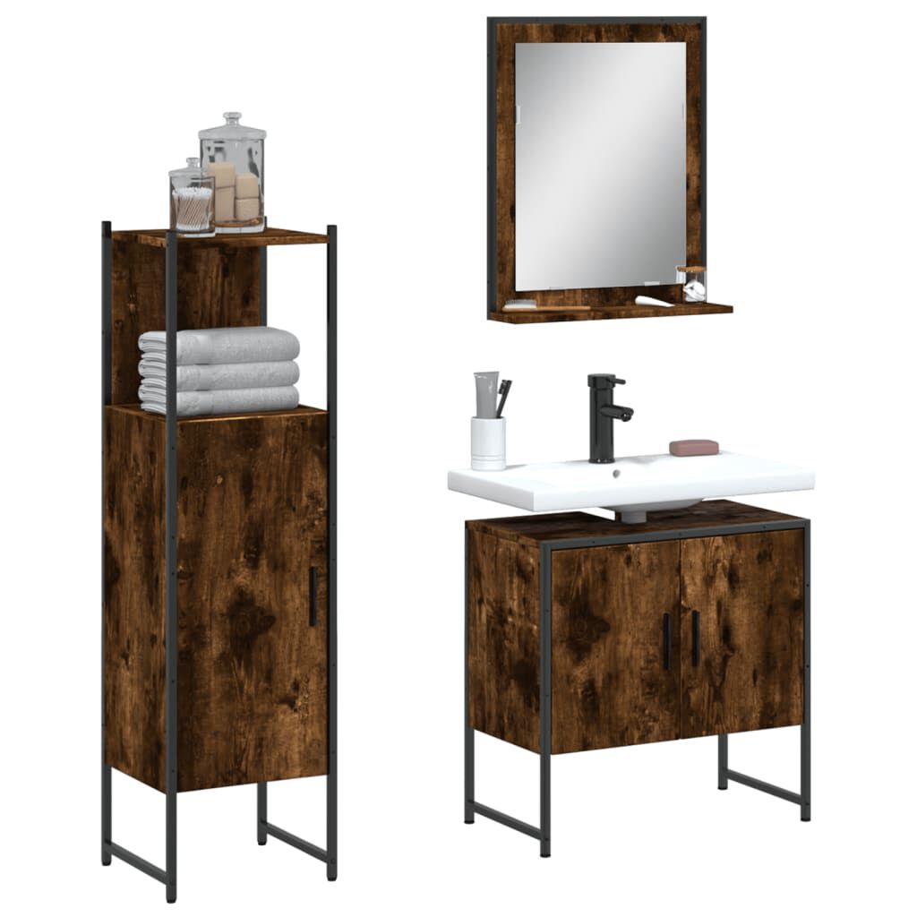 vidaXL 3 Piece Bathroom Cabinet Set Smoked Oak Engineered Wood