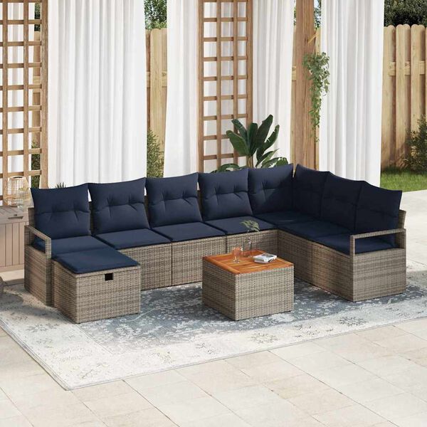 vidaXL Garden Sofa Set with Cushion 9 pcs Grey Poly Rattan