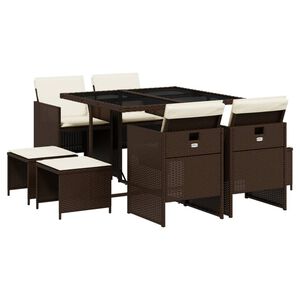 vidaXL 9 Piece Garden Dining Set with Cushions Brown Poly Rattan