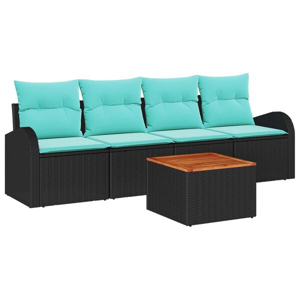 vidaXL 5 Piece Garden Sofa Set with Cushions Black Poly Rattan Acacia
