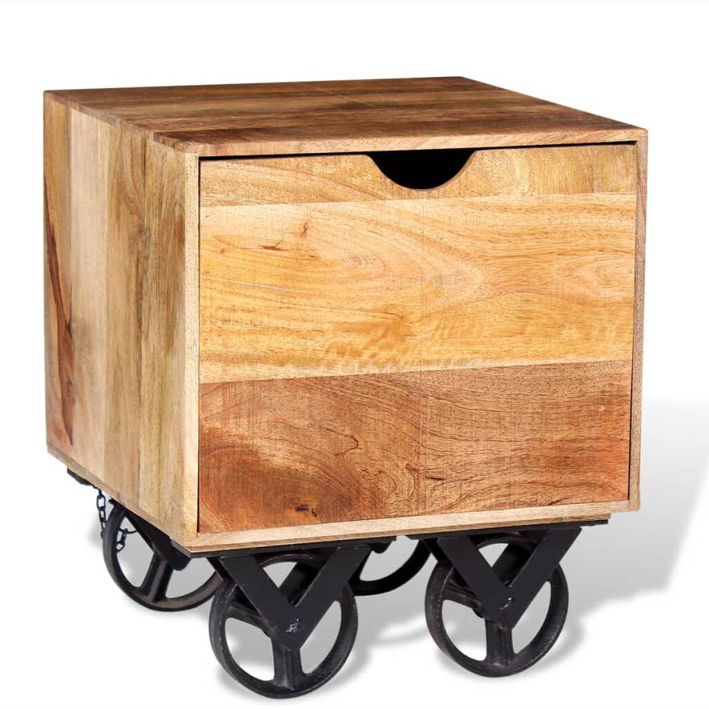 vidaXL Side Table with Drawer Wheels Mango Wood 40x40x45 cm