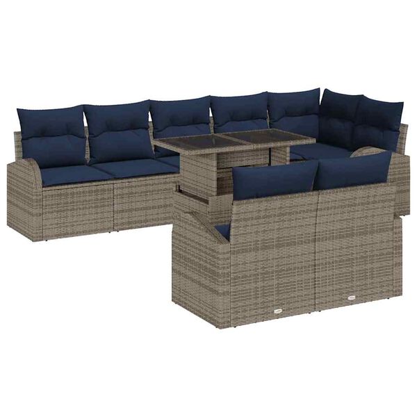 vidaXL Garden Sofa Set with Storage 9 pcs Grey and Navy Poly Rattan