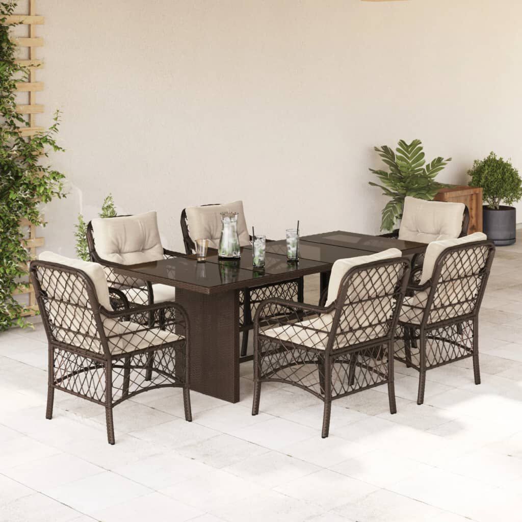 vidaXL 7 Piece Garden Dining Set with Cushions Brown Poly Rattan