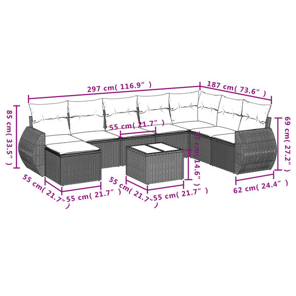 vidaXL 9 Piece Garden Sofa Set with Cushions Grey Poly Rattan