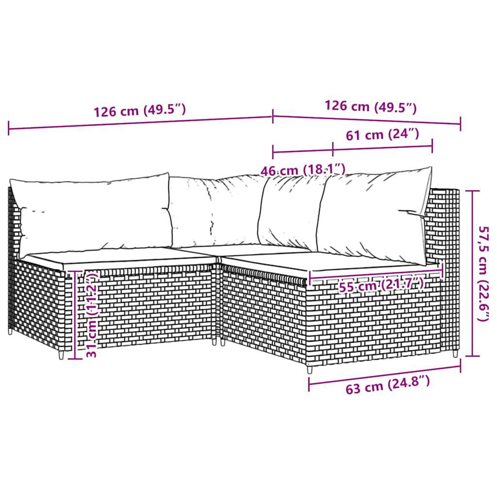 vidaXL 3 Piece Garden Lounge Set with Cushions Grey Poly Rattan