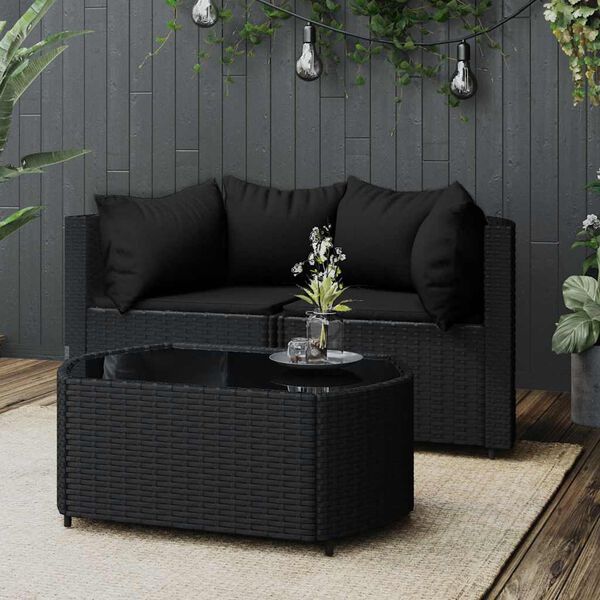 vidaXL 3 Piece Garden Lounge Set with Cushions Black Poly Rattan