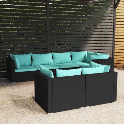 vidaXL 7 Piece Garden Lounge Set with Cushions Black Poly Rattan