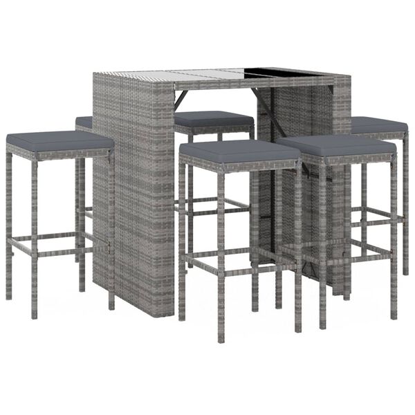 vidaXL 7 Piece Garden Bar Set with Cushions Grey Poly Rattan