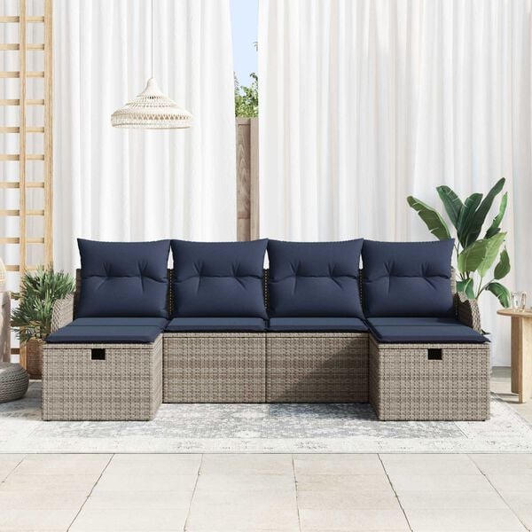 vidaXL 6 Piece Garden Sofa Set with Cushions - Grey Poly Rattan