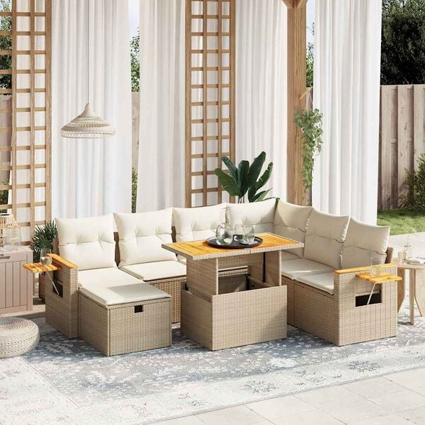 vidaXL 8 Piece Garden Sofa Set with Cushions Beige Poly Rattan