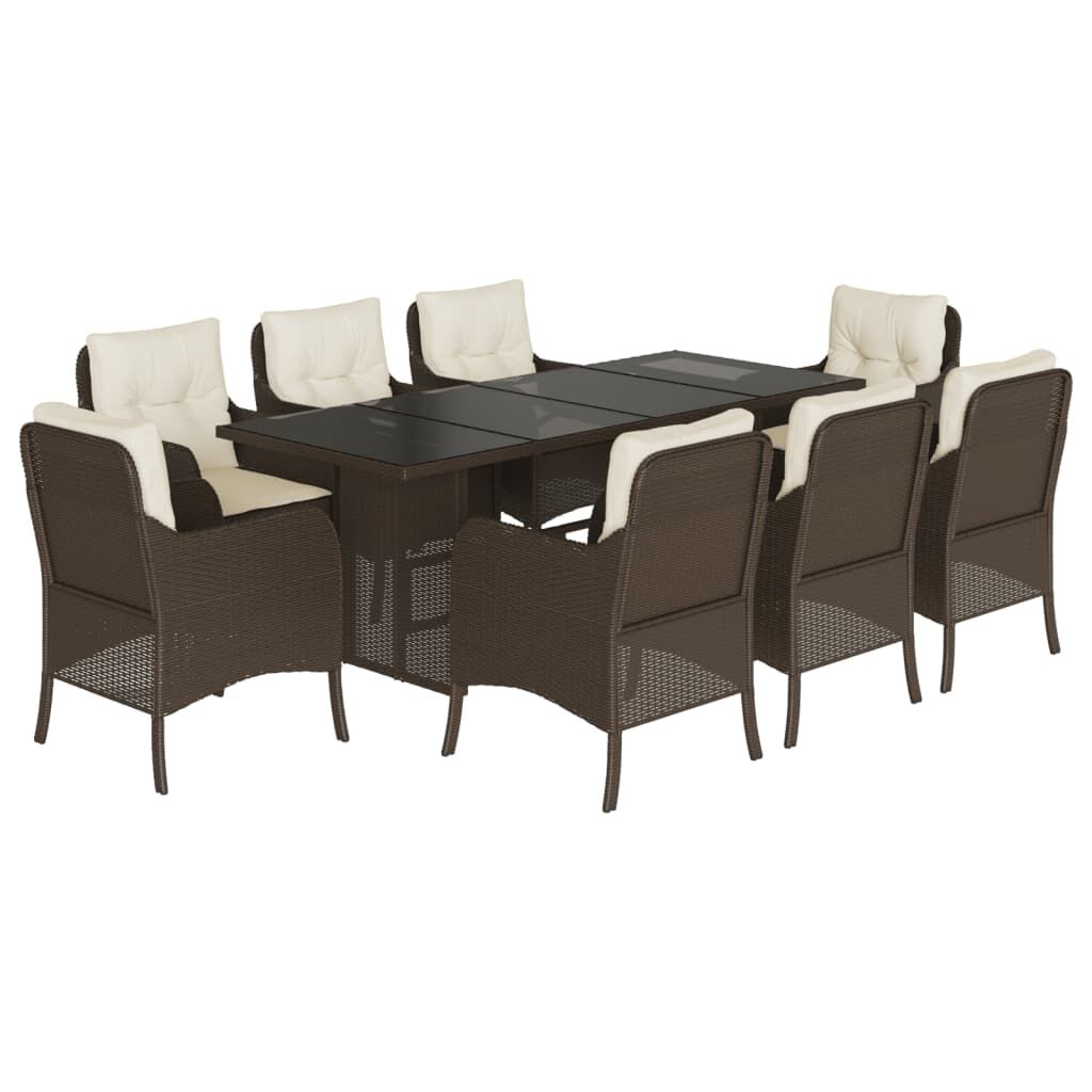 vidaXL 9 Piece Garden Dining Set with Cushions Brown Poly Rattan