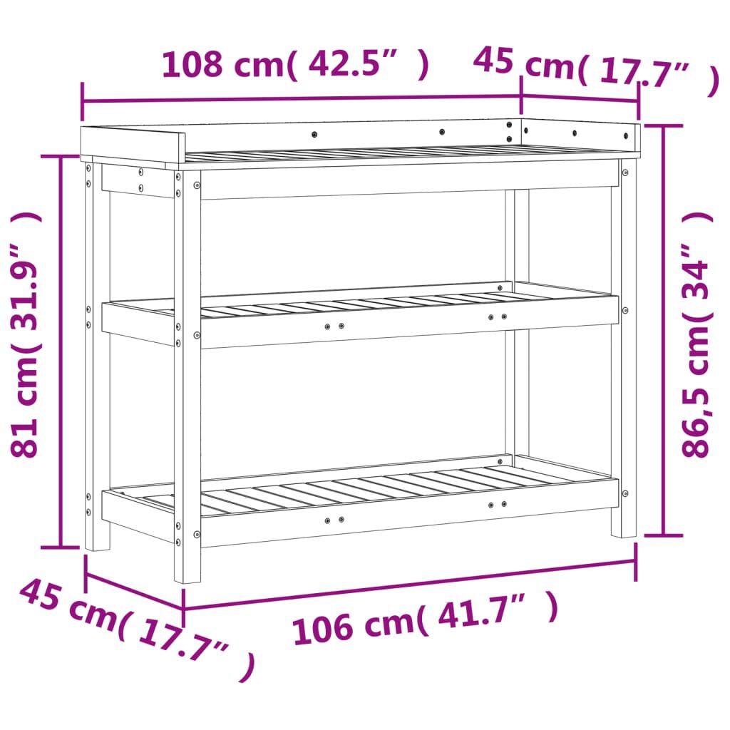 vidaXL Potting Table with Shelves 108x45x86.5 cm Solid Wood Pine