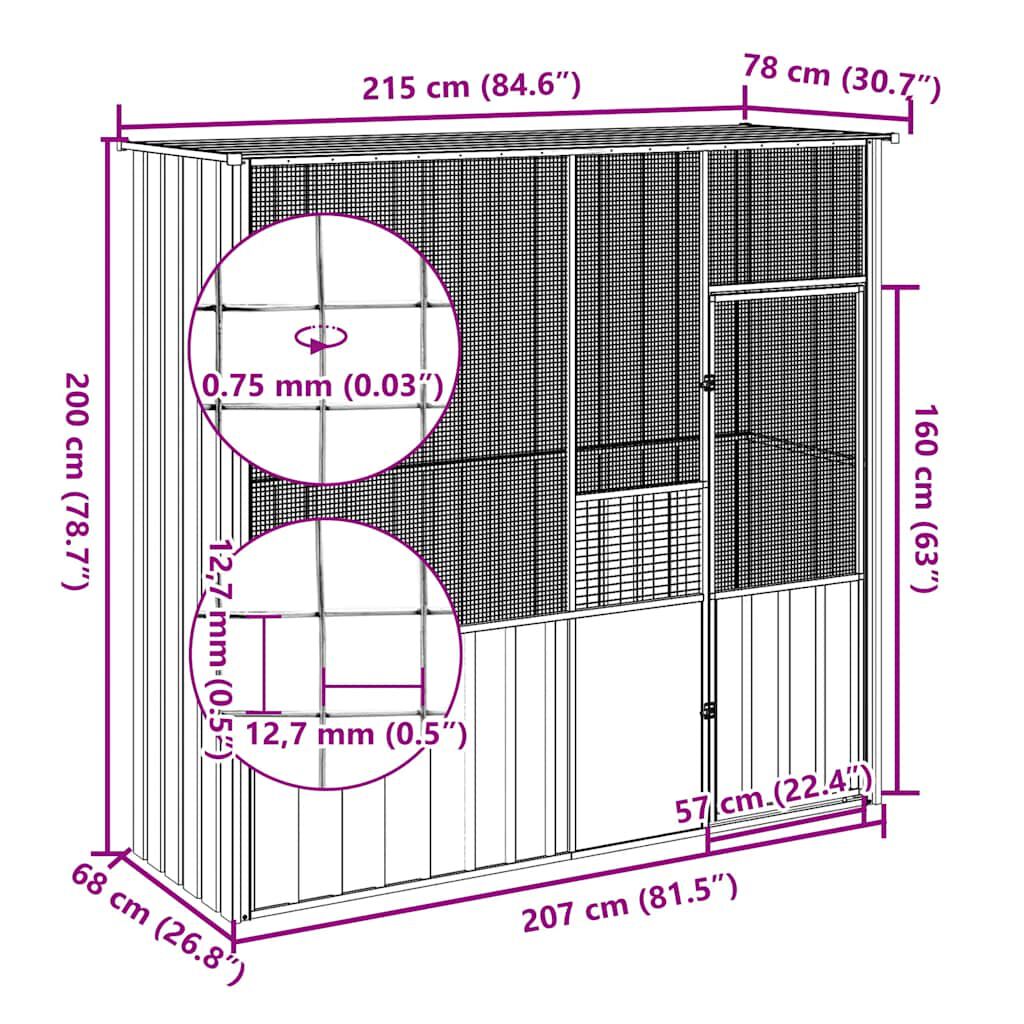 vidaXL Bird Cage Grey 215x78x200 cm Galvanised Steel