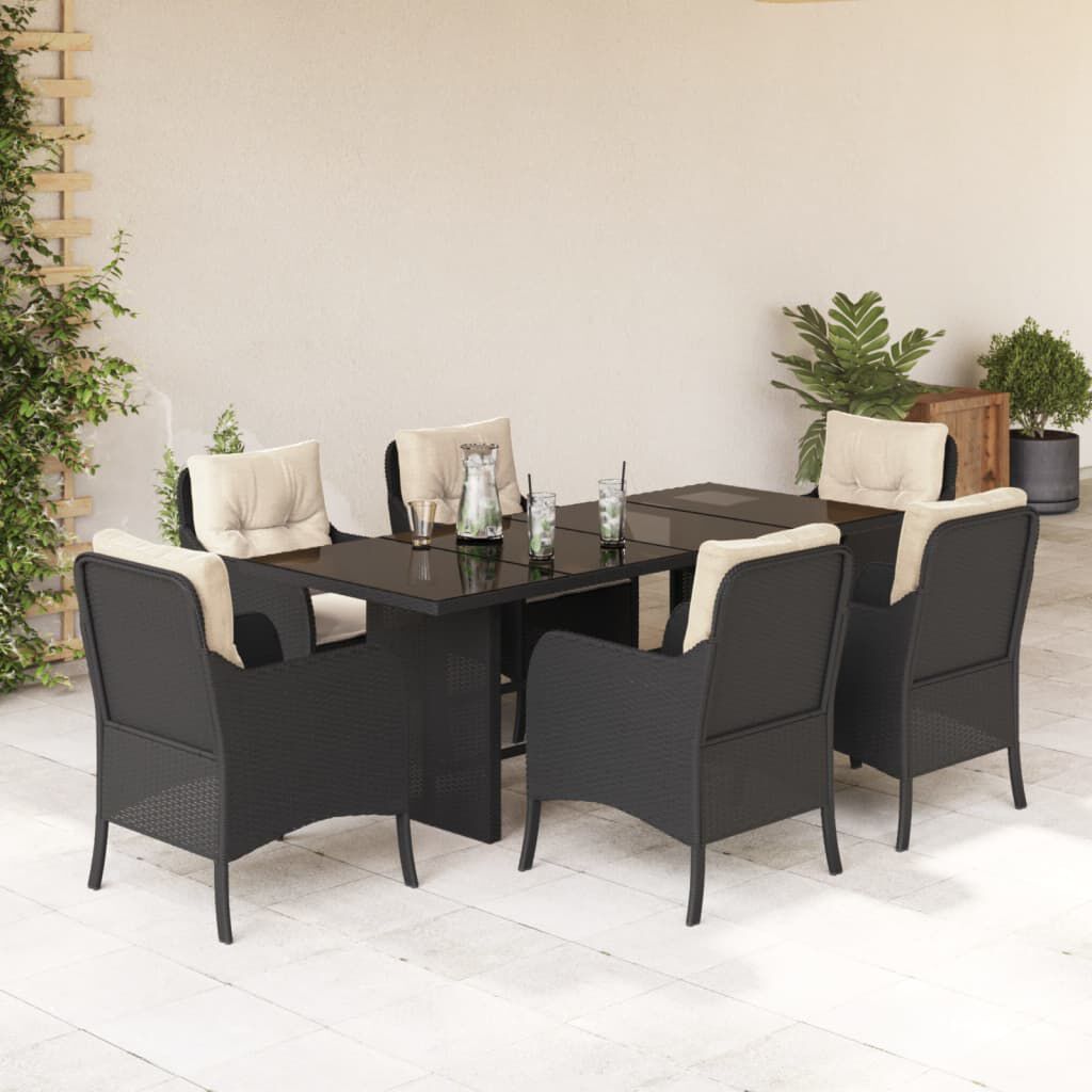 vidaXL 7 Piece Garden Dining Set with Cushions Black Poly Rattan