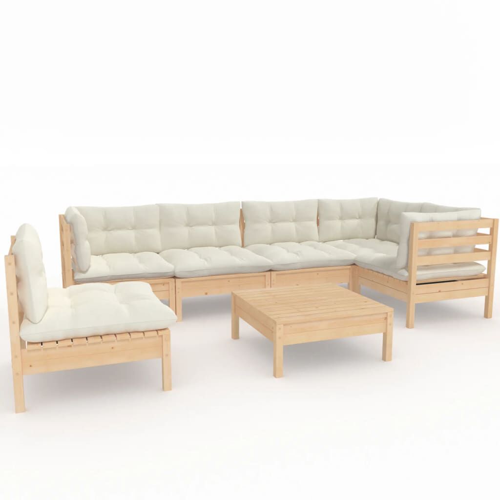 vidaXL 7 Piece Garden Lounge Set with Cream Cushions Pinewood