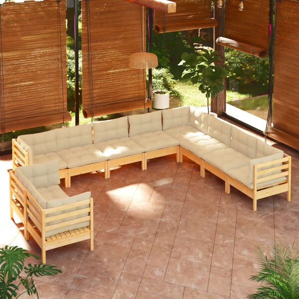 vidaXL 10 Piece Garden Lounge Set with Cream Cushions Solid Pinewood